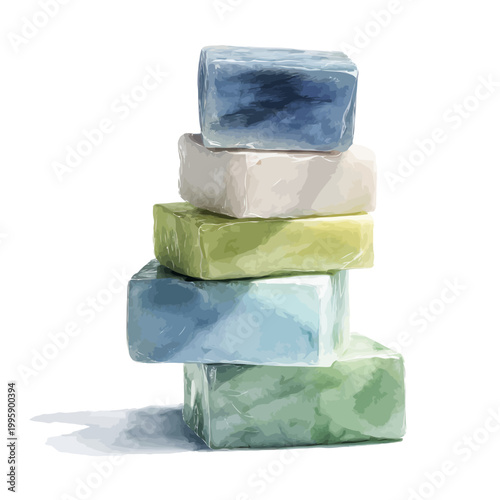 Stack of multicolored natural handmade soap bars on white background