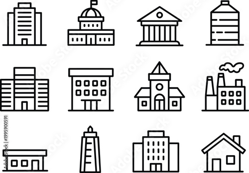 Buildings architecture icons set, city structures landmarks symbols vector illustration collection design