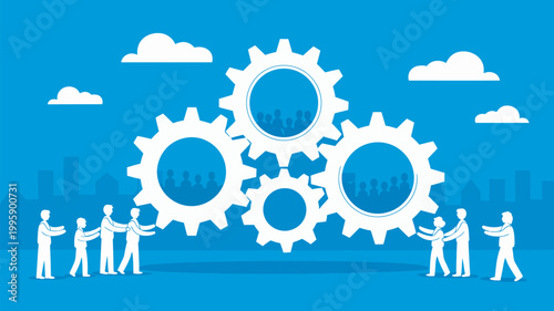 A group of people working together to turn large gears in a cityscape with clouds in the background.