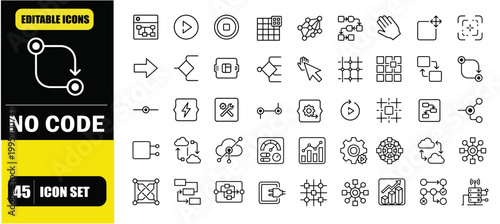 No Code Automation Platform Interface Icon Set – App Dashboard, Visual Workflow Builder, Drag and Drop Automation, Business Process Design, Integration Tools and SaaS System Management Line Icons – Th