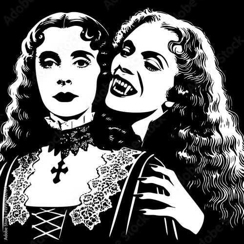 Vampire Sisters: Two vampire women, one biting the other.