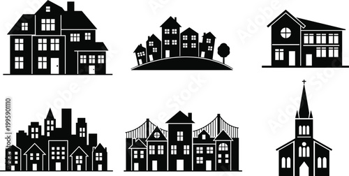 Cartoon illustrated building silhouettes collection including houses cityscape church modern architecture creative urban suburban home design artwork scene