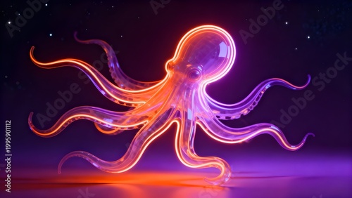 A translucent glass octopus sculpture with vibrant orange and purple neon glowing outlines, floating in a dark starry environment with a sleek synthwave aesthetic.