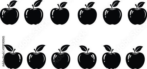 Cartoon illustrated apple silhouettes collection featuring black icons with leaves creative fruit food artwork minimal modern graphic scene