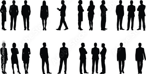 Cartoon illustrated business people silhouettes collection featuring corporate teamwork communication interaction professional workplace creative office artwork scene