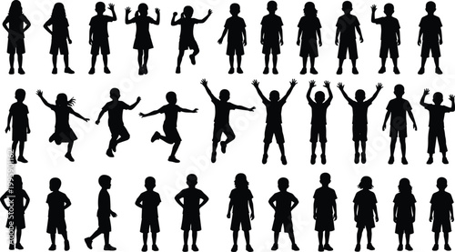 Cartoon illustrated children silhouettes collection featuring standing running jumping playful poses creative childhood artwork dynamic movement fun scene
