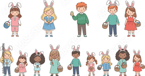 Cartoon illustrated children wearing bunny ears holding baskets decorated eggs cheerful festive Easter egg hunt spring celebration artwork scene