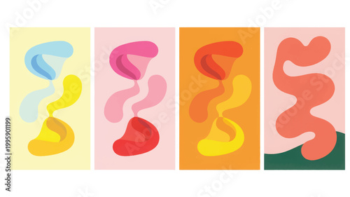 Set of four vertical abstract posters featuring fluid organic shapes in pastel yellow, pink, orange, and coral colors with layered translucent effects and soft curved lines in a minimalist style