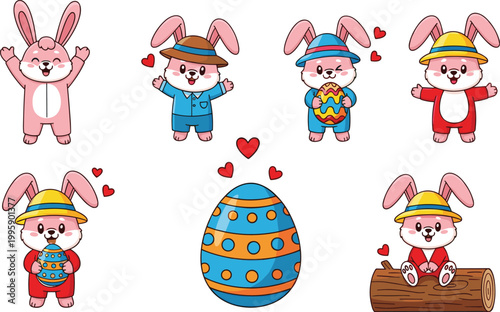 Cartoon illustrated Easter rabbits with colorful outfits decorated eggs hearts cheerful festive spring celebration creative artwork joyful scene