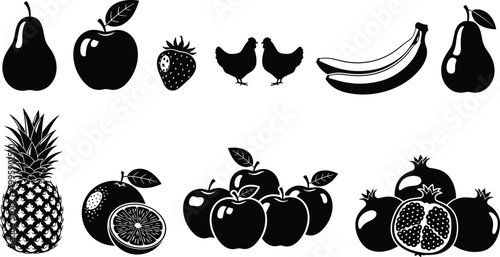Cartoon illustrated fruit and chicken silhouettes collection including apple pear strawberry banana pineapple pomegranate creative farm food artwork scene