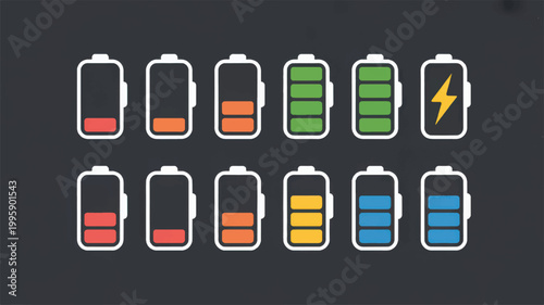 Set of twelve battery charge level indicator with varying levels of power, featuring red, orange, yellow, green, and blue colors, including a charging symbol on a dark gray background