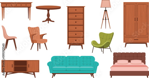 Cartoon illustrated furniture collection including desk table dresser lamp wardrobe chairs sofa bed creative colorful home interior artwork scene