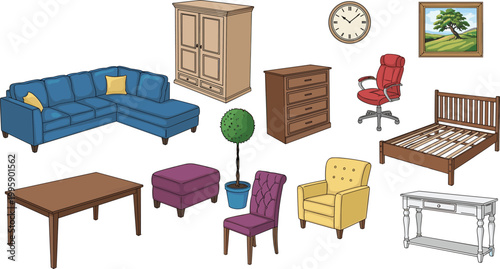 Cartoon illustrated furniture collection including sofa bed wardrobe chairs table clock painting plant creative colorful home interior artwork scene