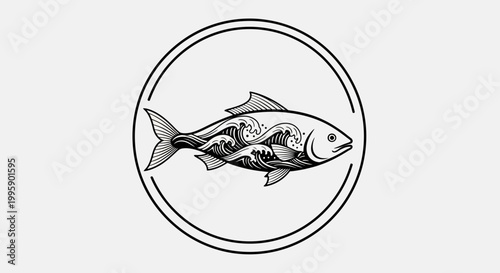 Creative Fish Silhouette with Ocean Waves Inside, Circular Emblem