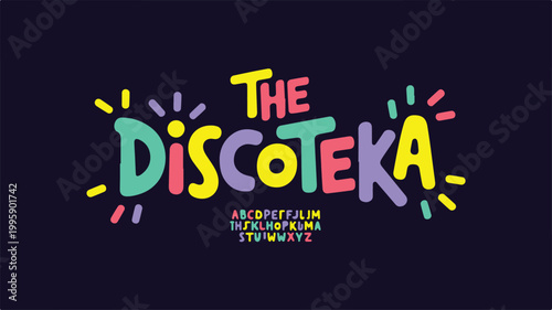 The diskoteka font display featuring multicolored bubble letters in pink, yellow, green, and blue against a dark background, with decorative accents, and a compact, alphabet character set, shown below