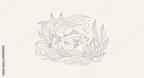 Elegant Fish in Underwater Scene, Line Art Illustration