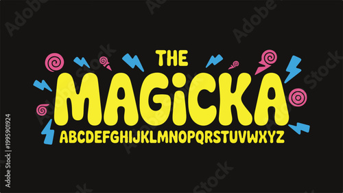 The magicka display font featuring bold yellow bubble letters with a full alphabet set and colorful decorative like lightning bolts and swirls on a solid dark black background, for display