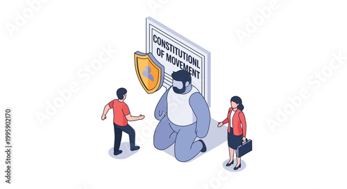 Isometric Illustration of People Discussing the Constitution of Movement.