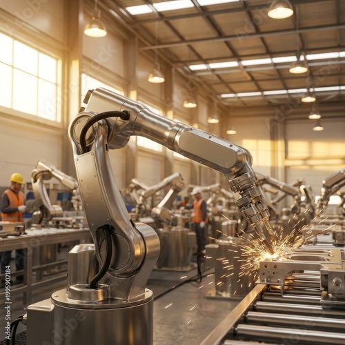 Ein faszinierender Einblick in eine pulsierende Produktionshalle, in der zahlreiche elegante Fertigungsroboter in dynamischer Bewegung zu sehen sind, getaucht in sanftes Industrielicht.