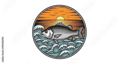 Fish Jumping Out of Water at Sunset, Ocean Waves and Sun Reflection