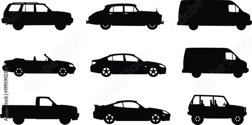 Set of various black vehicle silhouettes including vintage car sedan suv convertible sports car pickup truck and delivery van isolated on white background for design