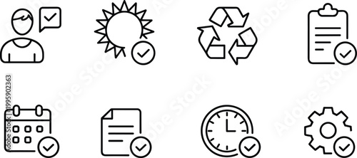Task management icons set, checklist schedule approval workflow symbols vector illustration collection design