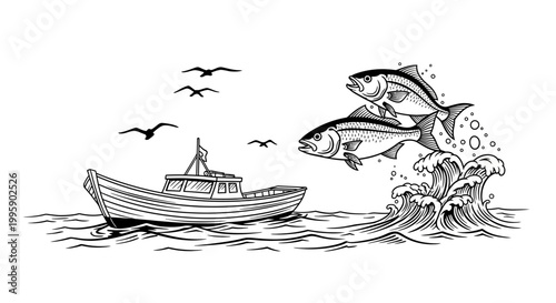 Fishing boat and leaping fish illustration
