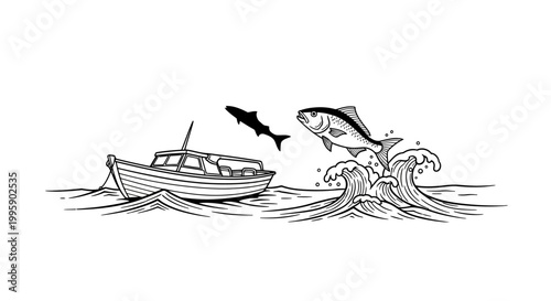 Fishing boat with jumping fish and shark silhouette in ocean waves