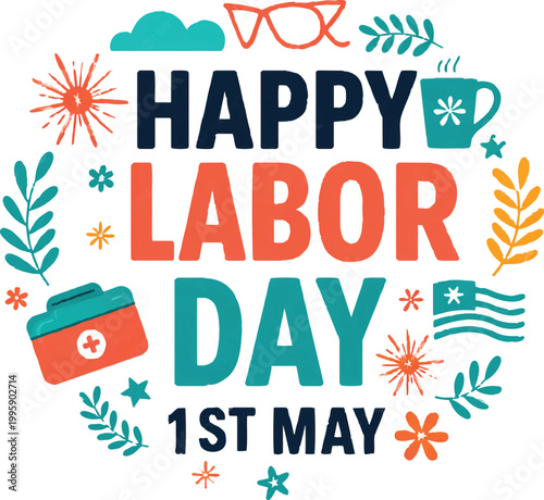 Industrial Labor Day Typography with Tool Wreath Icons