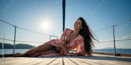Slim dark-haired woman wearing black bikini with orange floral cover-up, reclining on a yacht deck with her hair blowing in the sea breeze, smiling brightly upwards, sun shining in the background.