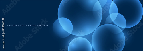 Dark blue modern wide abstract background with 3D spheres and circle shapes. Geometric vector illustration