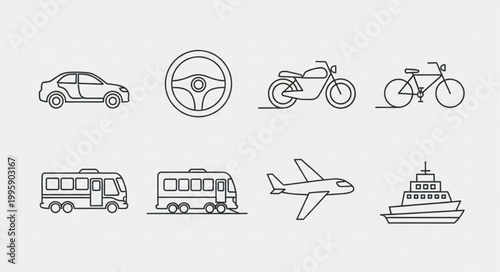 Collection of simple line art transportation icons.
