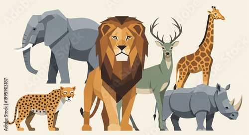 Collection of Diverse Wild Animals Standing Together.