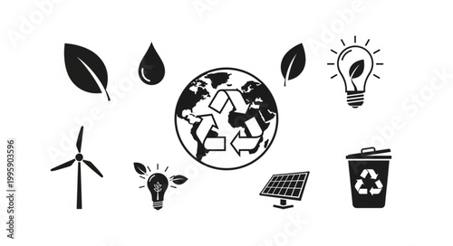 Set of environmental icons representing sustainability and renewable energy sources.