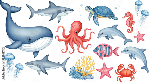 Cute Marine Life Illustration Set Featuring Whale, Shark, Dolphin, Octopus, Turtle, Seahorse, Jellyfish, Crab, Starfish, and Coral for Ocean Themed Designs.