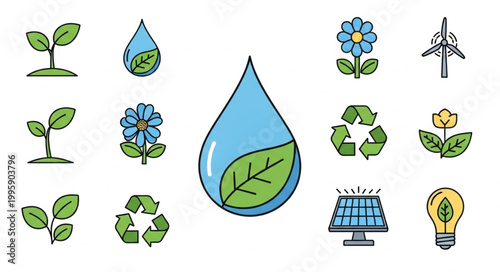 Collection of eco friendly icons representing nature and sustainability.