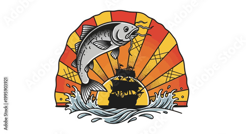 Jumping Fish, Sunrise, Boat Silhouette, Ocean Waves, Stylized Sunset