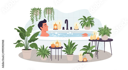 Man Relaxing in Bathtub Surrounded by Plants and Candles, Spa Atmosphere