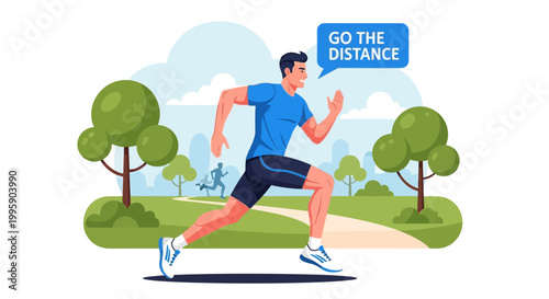 Man Running Marathon in Park, Go The Distance Motivational Concept