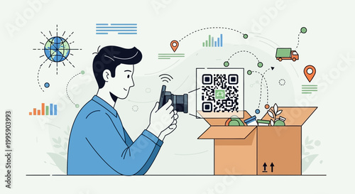 Man scanning QR code on package with smartphone, logistics and delivery tracking concept