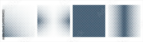 Halftone gradient dot pattern set for modern design backgrounds and print effects. Abstract circle and square panels with fade, mesh, and noise textures in vibrant colors. Editable vector textures for
