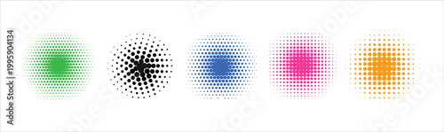 Halftone circle dot gradient set for modern design and print backgrounds. Colorful radial fade patterns in green black blue pink orange tones. Editable vector textures for UI branding posters and over