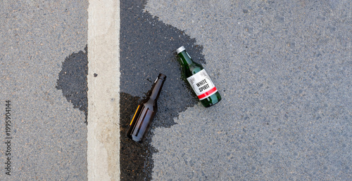 Bild auf Leinwand Drunk Driving Alcohol Bottles on Road Accident Risk Traffic Safety Law Violation