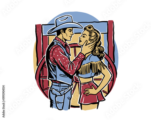 Retro style cowboy country couple. Western vintage artwork for t shirt. Cowgirl graphic print design. Wild west romantic scene. Rodeo theme design.