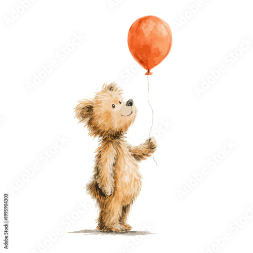 Cute teddy bear playfully holding a red balloon against white background