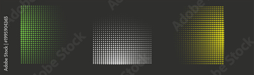 Halftone gradient dot pattern set for modern design backgrounds and print effects. Abstract circle and square panels with fade, mesh, and noise textures in vibrant colors. Editable vector textures for