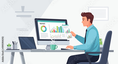 Man working on computer with financial reports and charts on screen, office desk setup