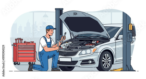 Mechanic working on car engine in auto repair shop, car lift, tools, service