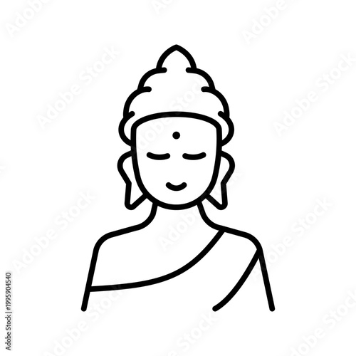 Buddha statue icon. Religion and buddhism line symbol. Black and white.