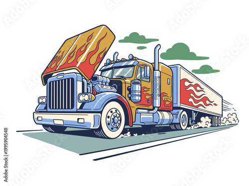 Big rig truck design. American semi truck artwork. Flame graphic print design for t shirt poster sticker and others. Fast wheels challenge.